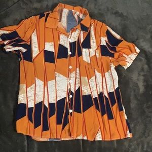 orange and black patterned lightweight short sleeve button down